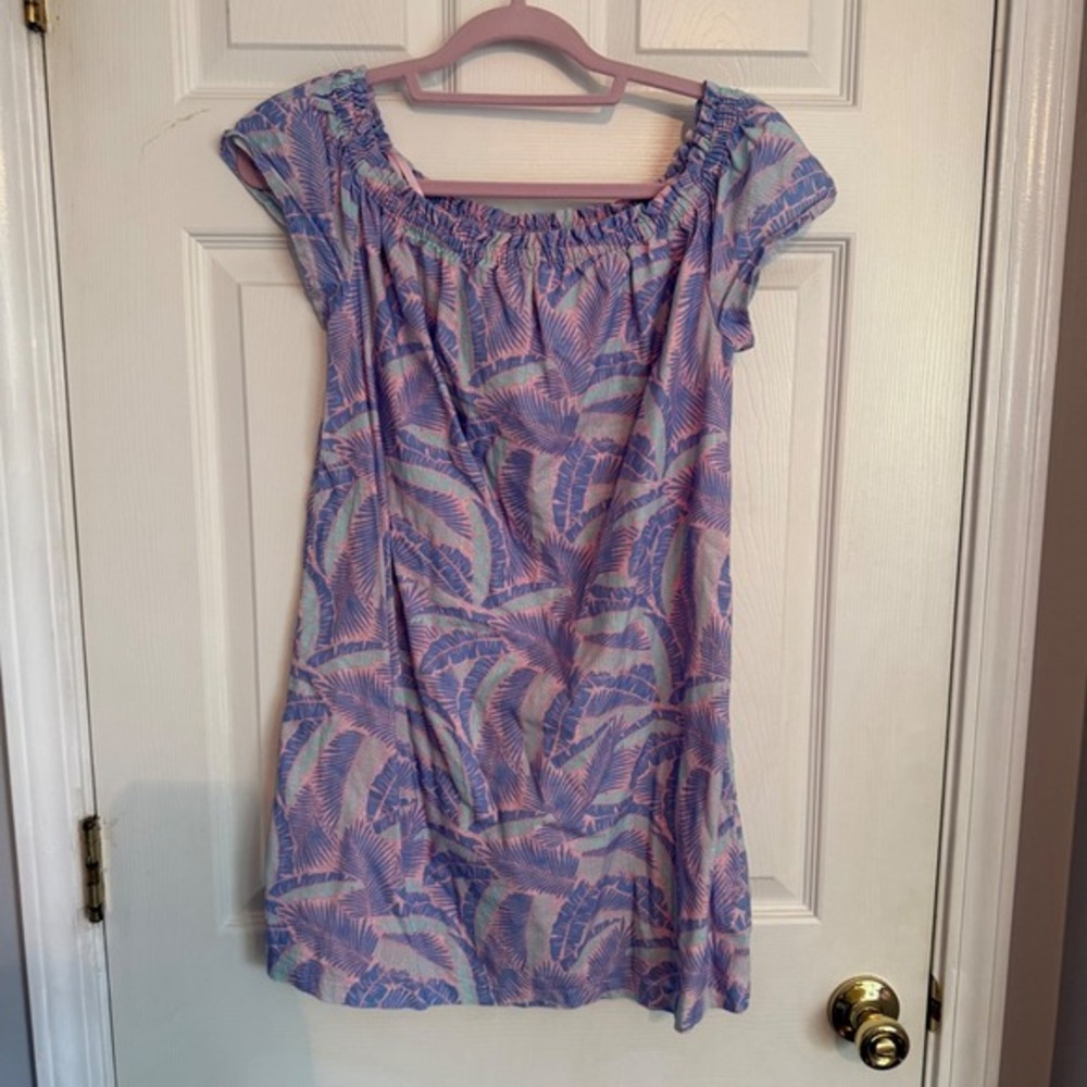 Vineyard Vines‎ XS Dress Pink Blue Palm Leaf Print Off Shoulder Short Sleeve